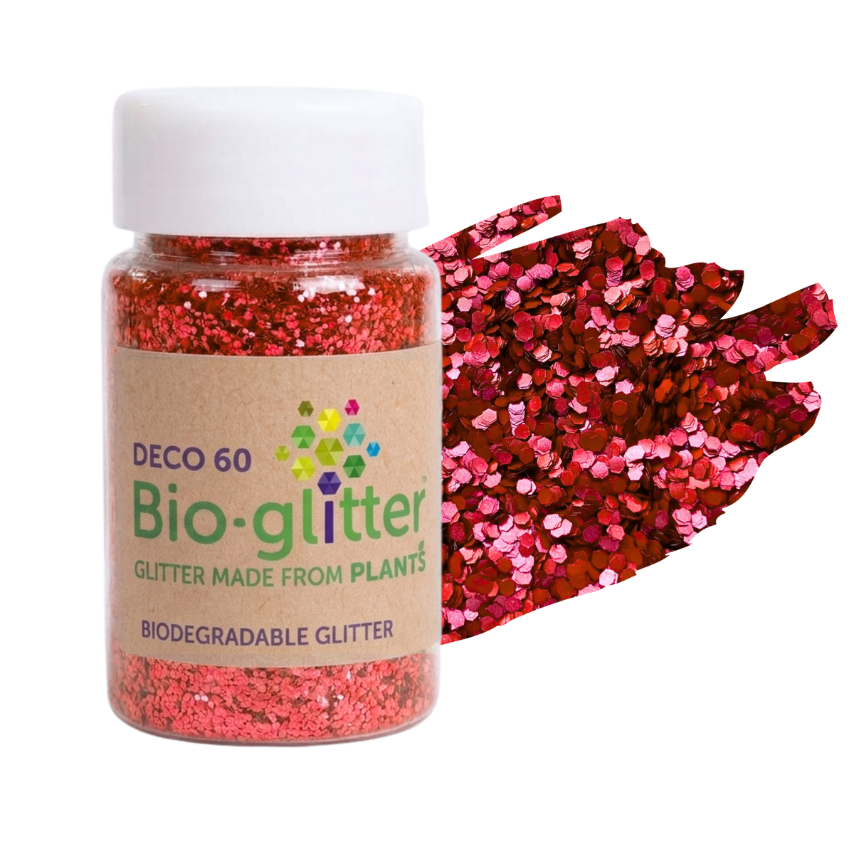 A clear plastic jar of chunky craft Bio-glitter with a white cap and a kraft paper label, shown next to a fan of red and pink plant-based glitter on a white background.