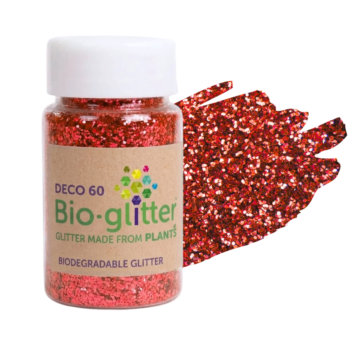A jar of red craft Bio-glitter with a white cap and a kraft paper label, shown next to a textured swatch of the red glitter on a white background.