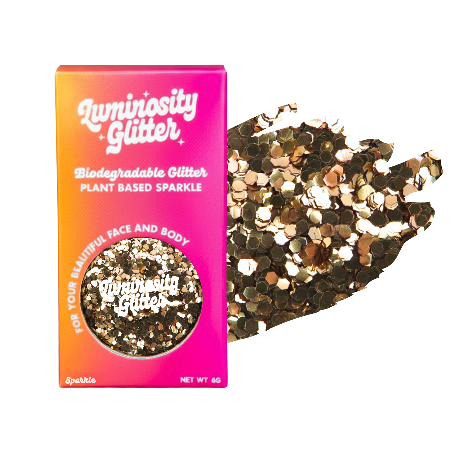 Luminosity Glitter packaging with biodegradable and plant-based glitter on a white background