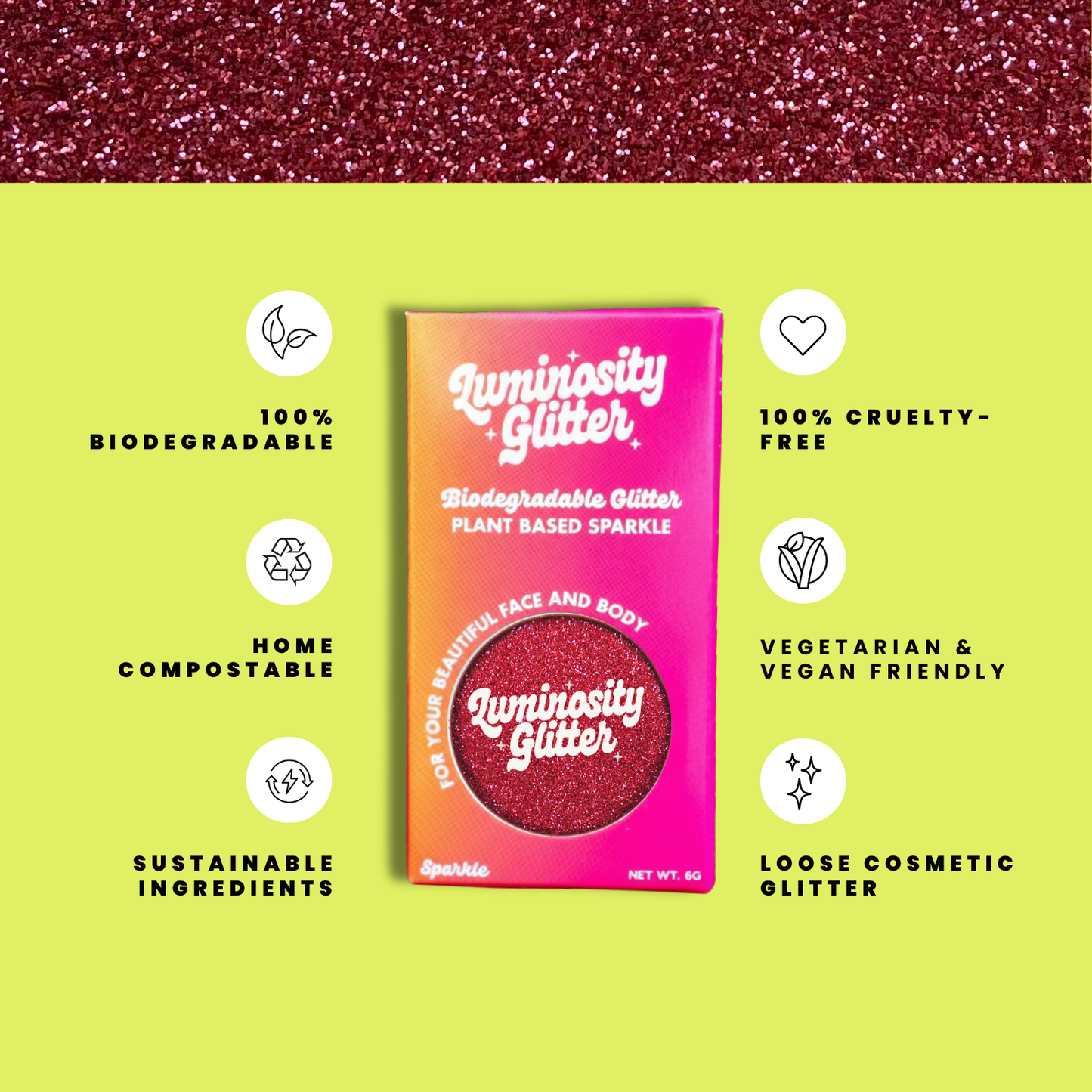Luminiosity Glitter packaging with sustainability features on a green background
