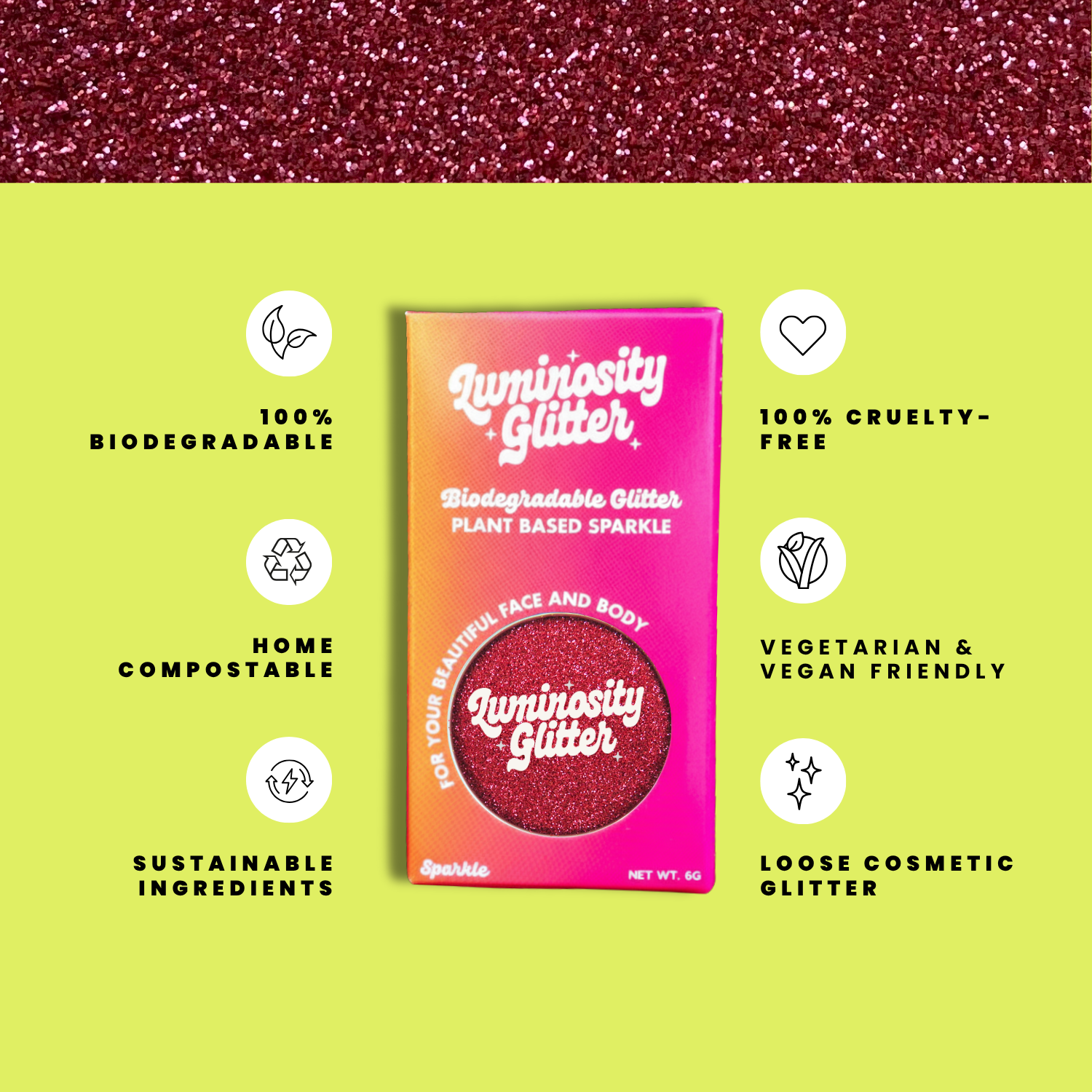 Luminiosity Glitter packaging with sustainability features on a green background
