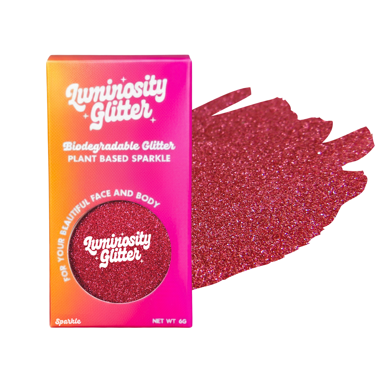 Luminosity Glitter packaging with red glitter on a white background