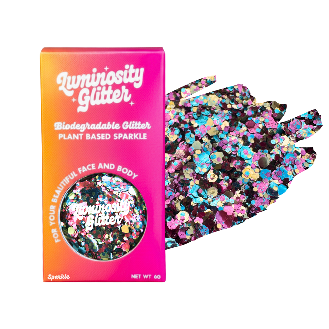 Silver, turquoise and gold blend of eco glitter in bright Luminosity Glitter packaging