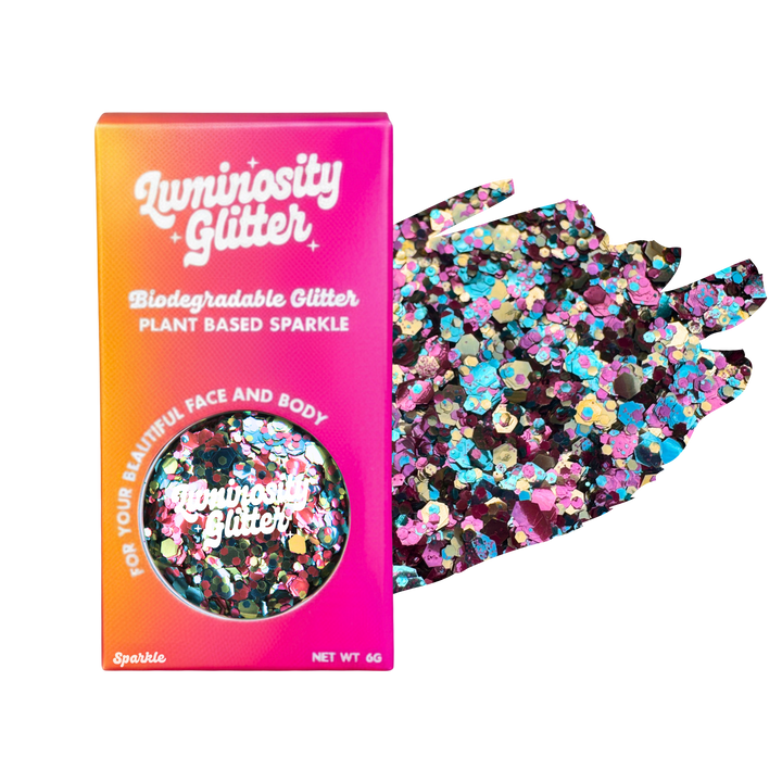 Silver, turquoise and gold blend of eco glitter in bright Luminosity Glitter packaging