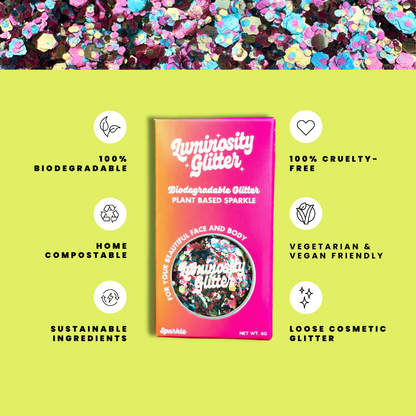Luminiosity Glitter packaging with sustainability features on a green background