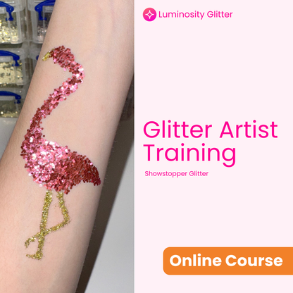 Glitter flamingo design on skin with Luminosity Glitter branding and text about glitter artist training.