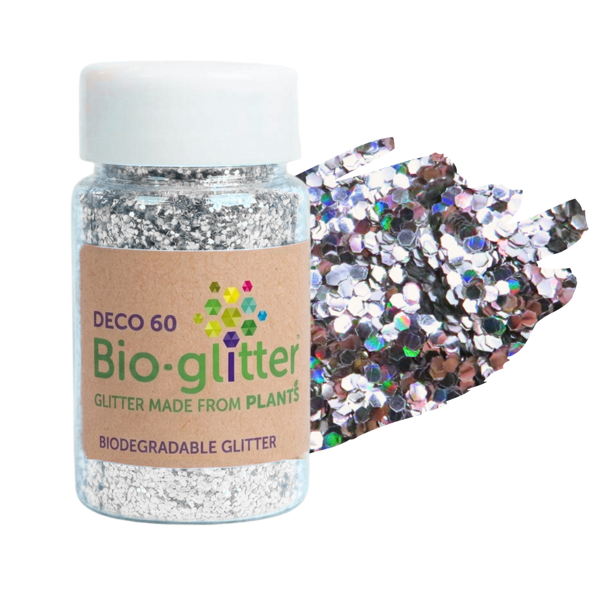 A jar of silver chunky craft bio-glitter with a white cap and a kraft paper label, shown next to a pile of iridescent silver sequins on a white background.