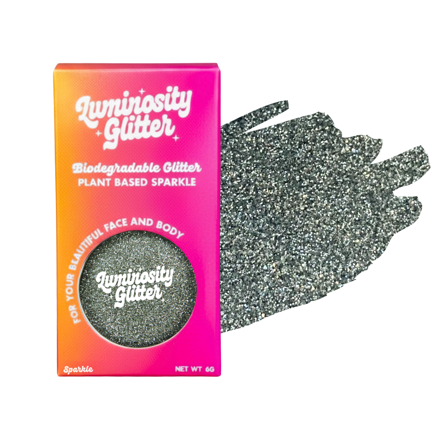 Luminosity Glitter packaging with a sample of glitter on a white background