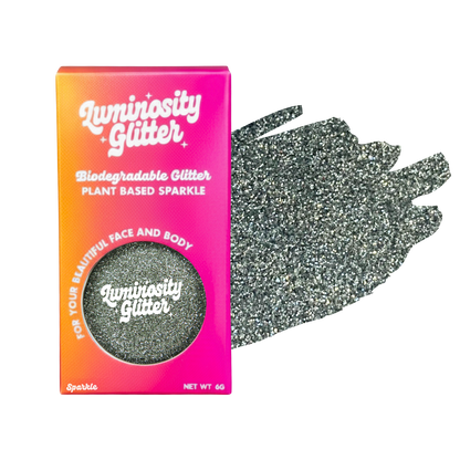 Luminosity Glitter packaging with a sample of glitter on a white background