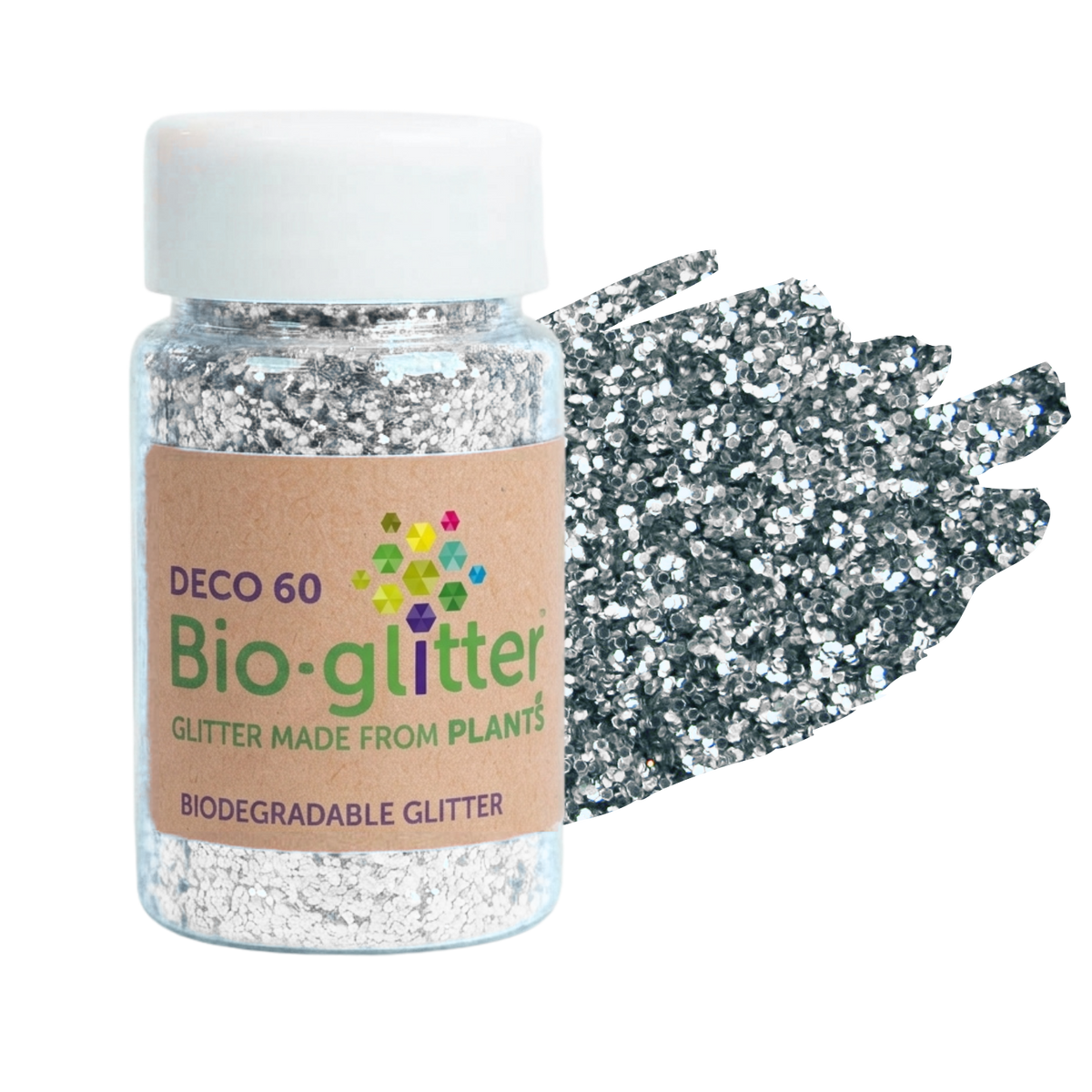A clear plastic jar of craft Bio-glitter with a white cap and a brown paper label, shown next to a textured smear of silver glitter on a white background.