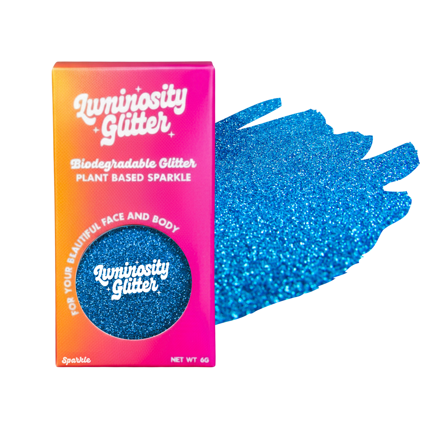 Luminosity Glitter packaging with blue glitter on a white background