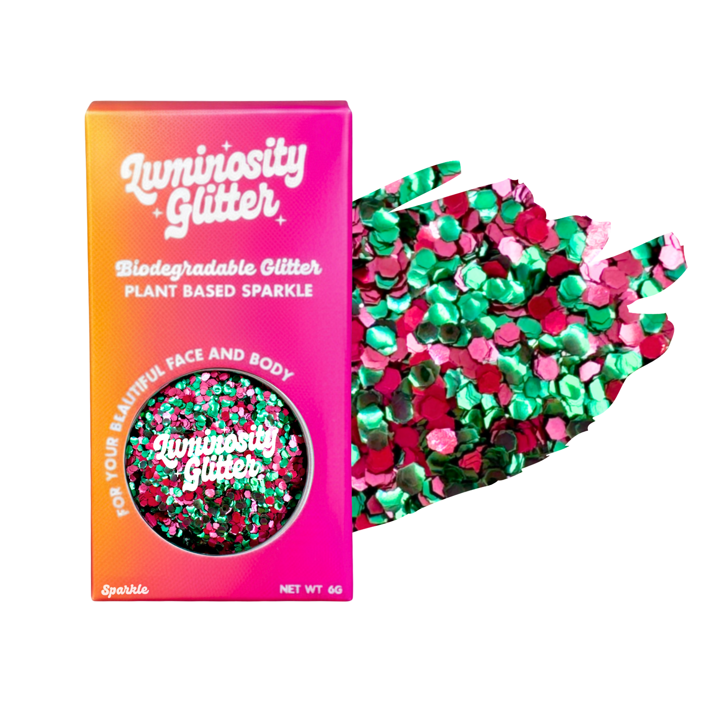 Luminosity Glitter packaging with biodegradable and plant-based glitter on a white background