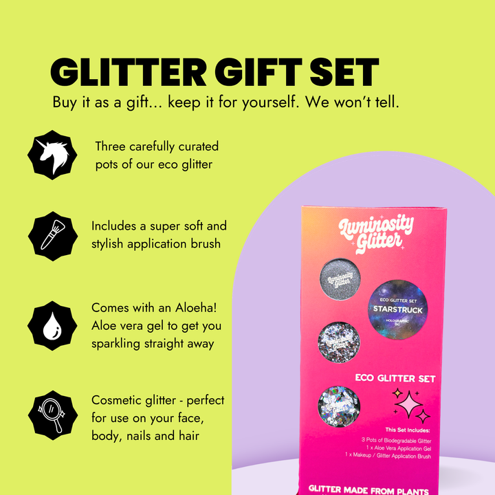 Starstruck Holographic Glitter Set contents and features infographic
