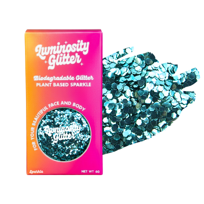 Luminosity Glitter packaging with biodegradable glitter on a white background