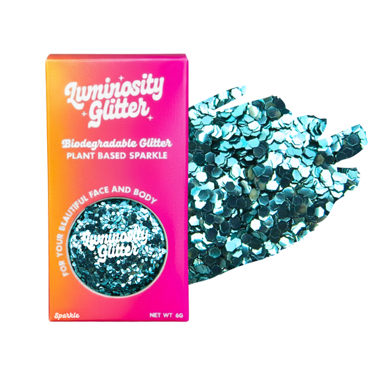 Luminosity Glitter packaging with biodegradable glitter on a white background