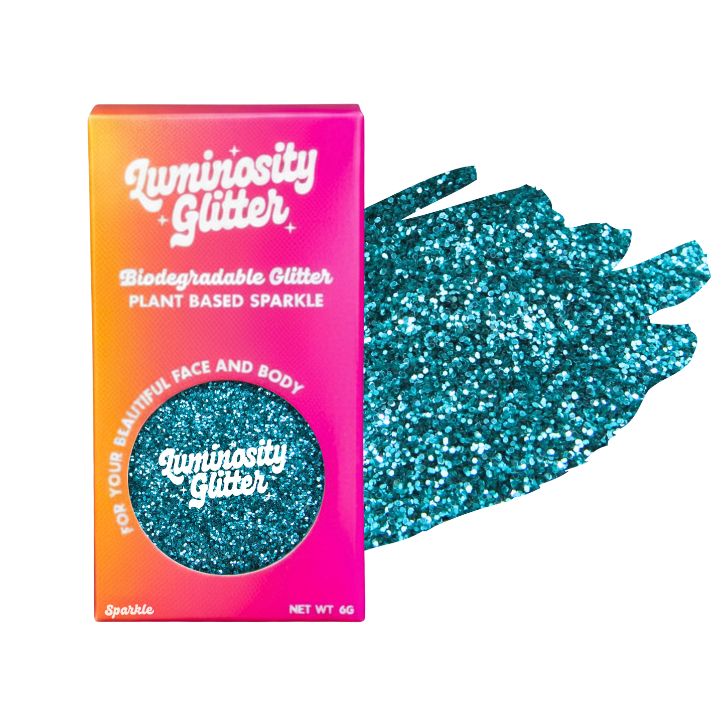 Luminosity Glitter packaging with a sample of blue glitter on a white background