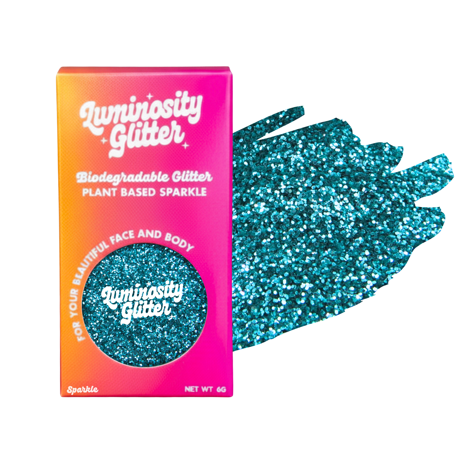 Luminosity Glitter packaging with a sample of blue glitter on a white background