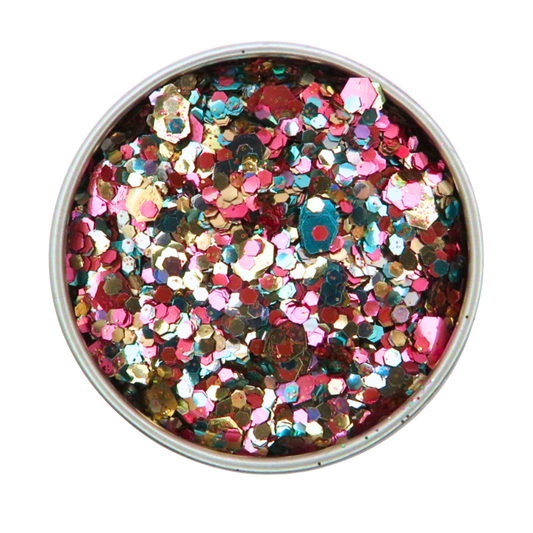 Multicolored confetti in a round container on a white background